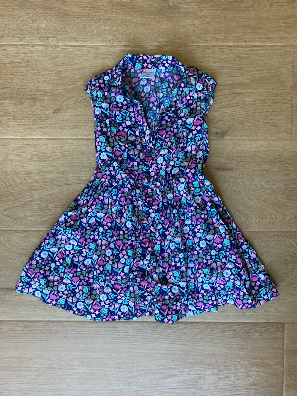 okie dokie Navy Button-Front Dress with Pink & Blue Floral Print